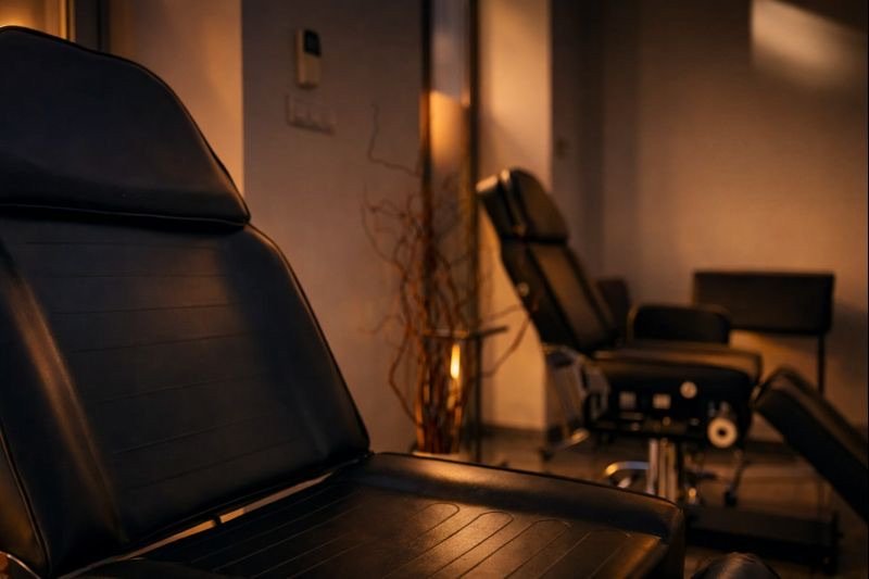 Wnętrze studia tatuażu Fineline Tattoo Gallery w Krakowie. Profesjonalne stanowiska do tatuażu, nowoczesne fotele i spokojna, kameralna atmosfera sprzyjająca komfortowi klientów oraz precyzyjnej pracy artystów.